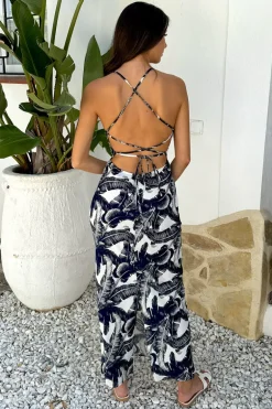 Navy Leaf Print Strappy Tie Back Slip Midi Dress