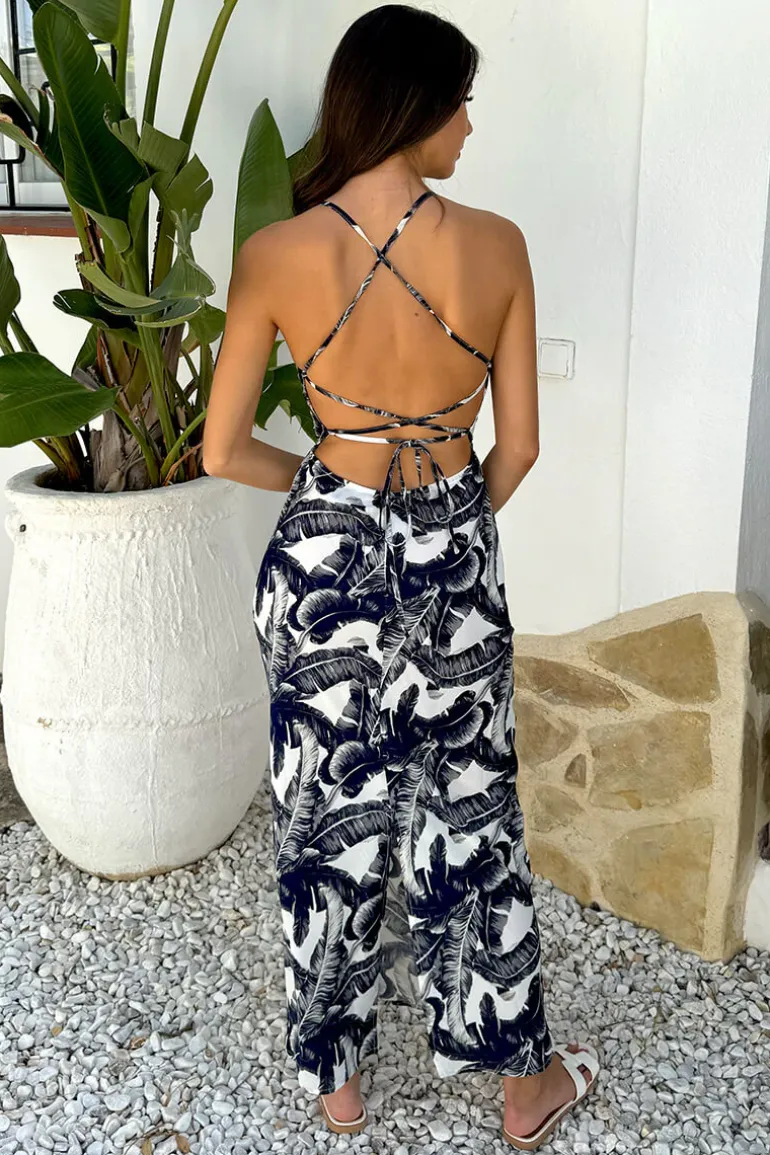 Navy Leaf Print Strappy Tie Back Slip Midi Dress