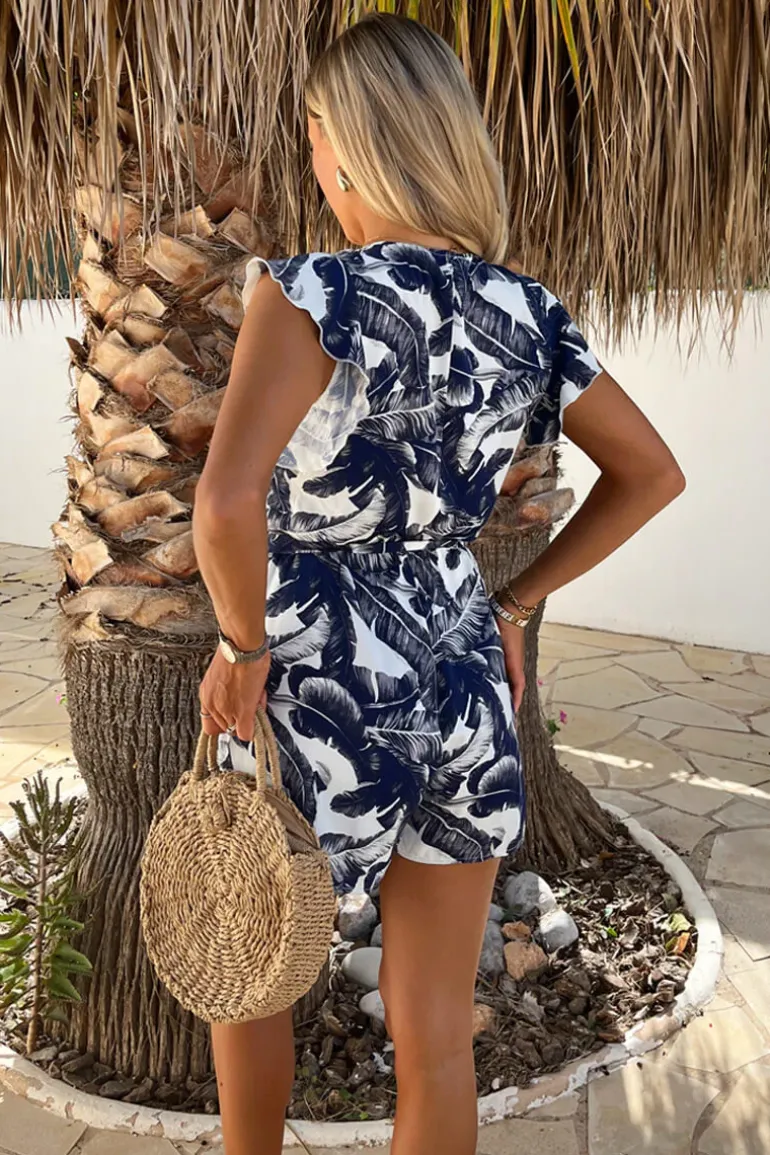 Navy Leaf Print Wrap Top Tie Waist PlaysuitNavy