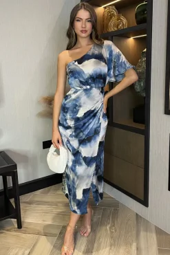Navy Marble Print One Shoulder Wrap Skirt Midi Dress