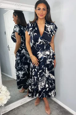 Navy Marble Print Short Sleeve Ruffle Midi Dress