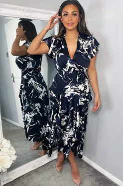 Navy Marble Print Short Sleeve Ruffle Midi Dress