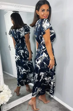 Navy Marble Print Short Sleeve Ruffle Midi Dress