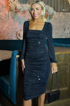Navy Metallic Sparkle And Sequin Square Neck Bodycon Midi Dress