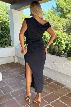 Navy Off The Shoulder Draped Top Midi Dress