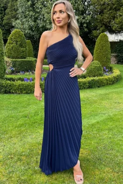 Navy One Shoulder Cut Out Pleated Midi Dress