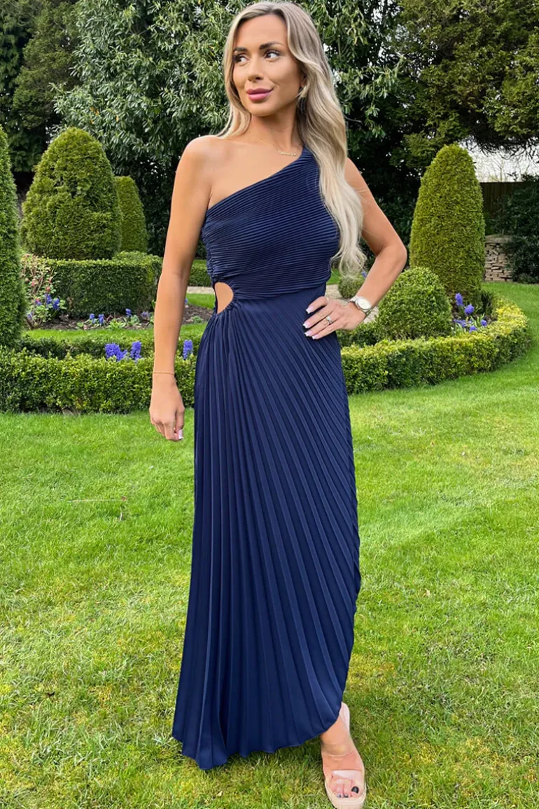 Navy One Shoulder Cut Out Pleated Midi Dress