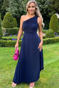 Navy One Shoulder Cut Out Pleated Midi Dress