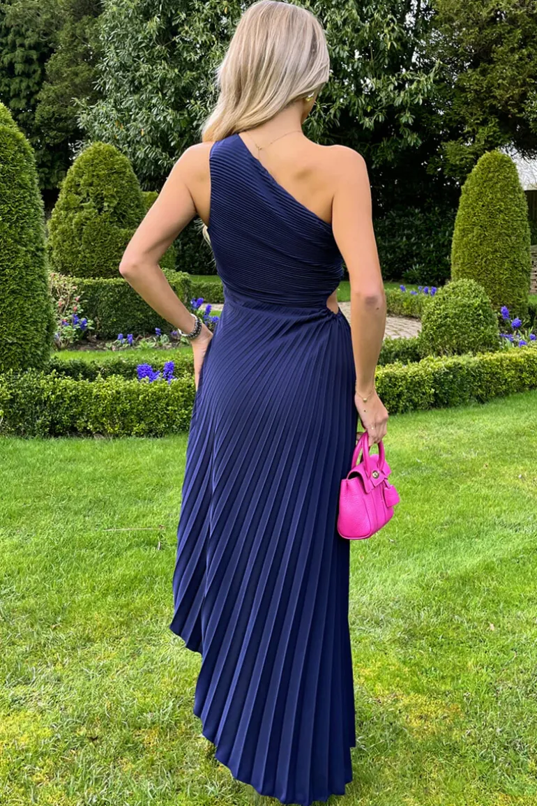 Navy One Shoulder Cut Out Pleated Midi Dress