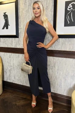 Navy One Shoulder Knot Skirt Midi Dress