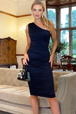 Navy One Shoulder Ruched Midi Dress