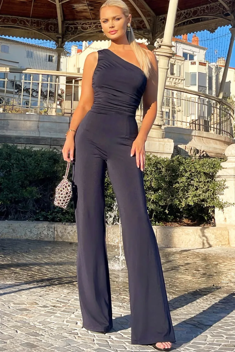 Navy One Shoulder Ruched Top Slinky Jumpsuit