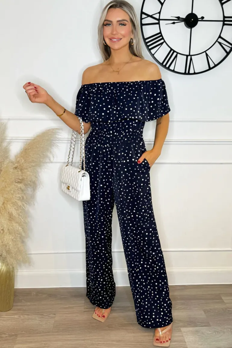 Navy Polka Dot Bardot Jumpsuit