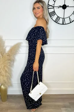 Navy Polka Dot Bardot Jumpsuit
