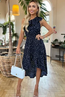 Navy Polka Dot One Shoulder Frill Detail Dipped Hem Dress