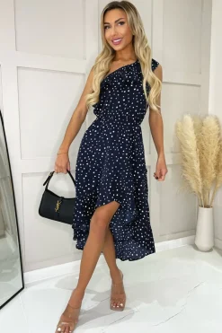 Navy Polka Dot One Shoulder Frill Detail Dipped Hem Dress