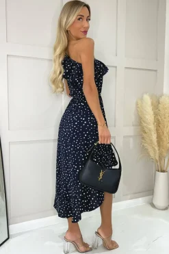 Navy Polka Dot One Shoulder Frill Detail Dipped Hem Dress