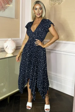 Navy Polka Dot Print Wrap Top Zig Zag Hem Pleated Midi Dress