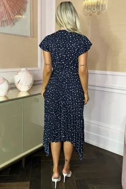 Navy Polka Dot Print Wrap Top Zig Zag Hem Pleated Midi Dress