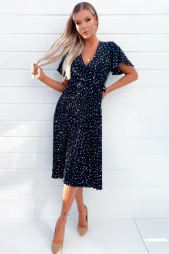Navy Polka Dot Wrap Top Belted Pleated Midi Dress