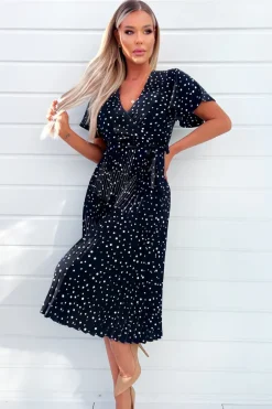 Navy Polka Dot Wrap Top Belted Pleated Midi Dress