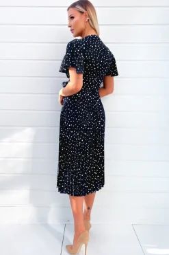 Navy Polka Dot Wrap Top Belted Pleated Midi Dress