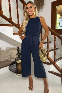 Navy Racer Neck Tie Waist Jumpsuit