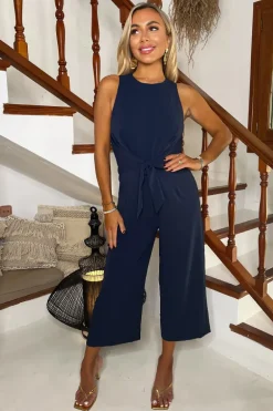 Navy Racer Neck Tie Waist Jumpsuit