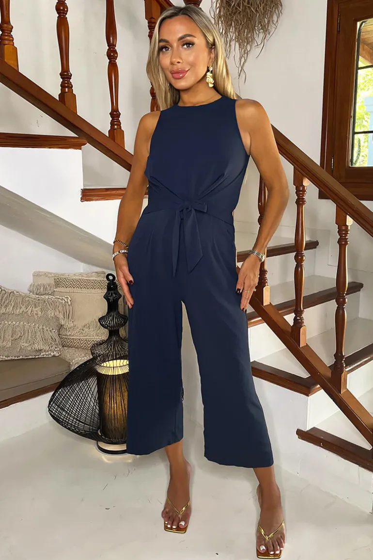 Navy Racer Neck Tie Waist Jumpsuit