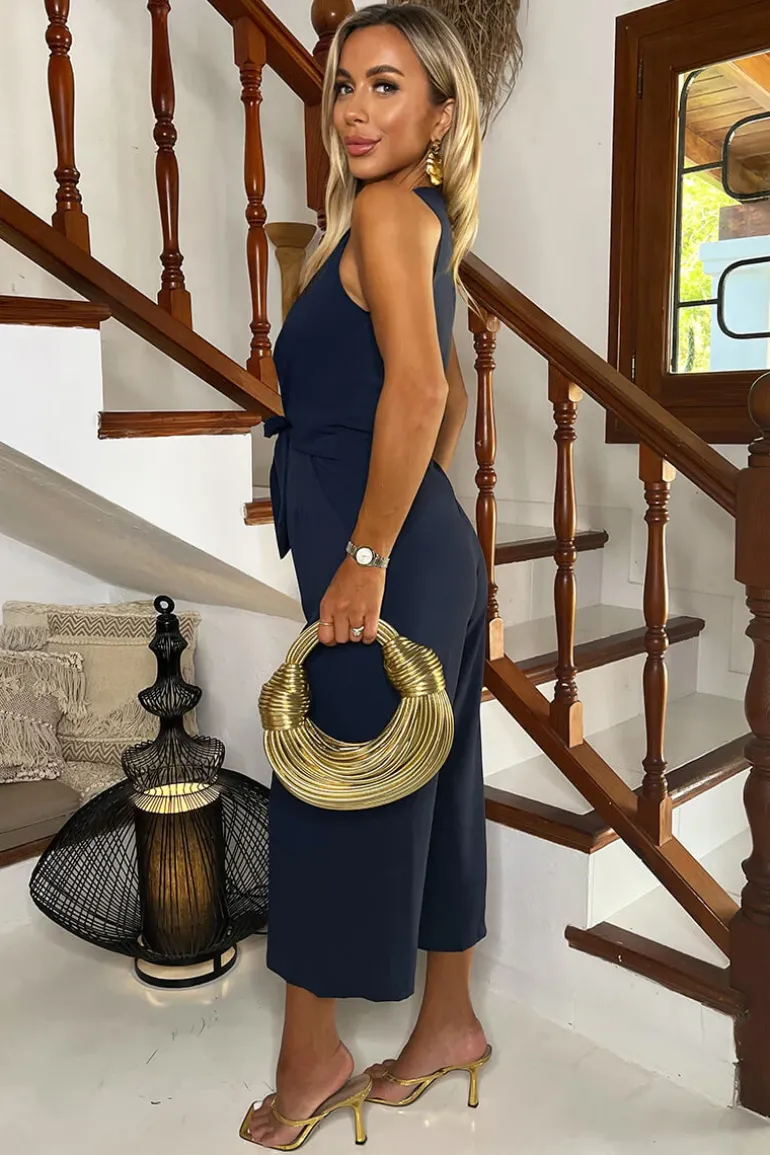 Navy Racer Neck Tie Waist Jumpsuit