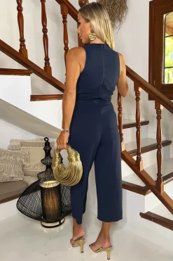 Navy Racer Neck Tie Waist Jumpsuit