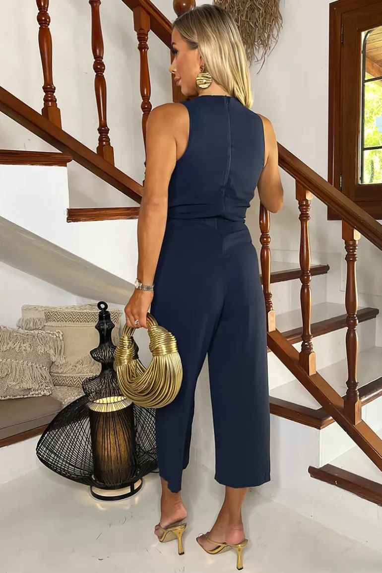 Navy Racer Neck Tie Waist Jumpsuit