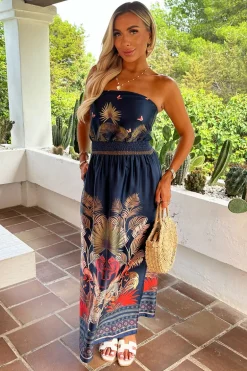 Navy Safari Print Strapless Shirred Waist Side Split Midi Dress