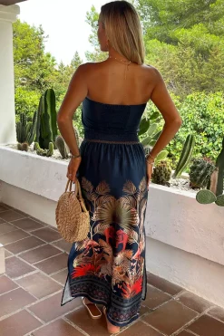 Navy Safari Print Strapless Shirred Waist Side Split Midi Dress