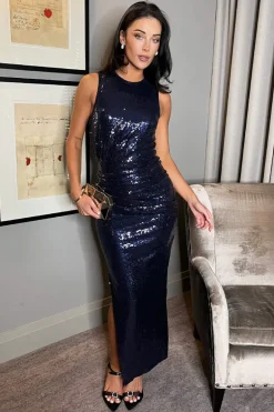 Navy Sequin Round Neck Gathered Midi Dress