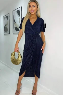 Navy Short Sleeve Plisse Wrap Midi Dress