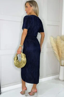 Navy Short Sleeve Plisse Wrap Midi Dress