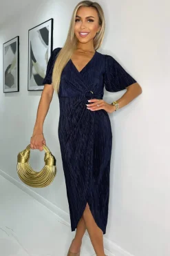 Navy Short Sleeve Plisse Wrap Midi Dress