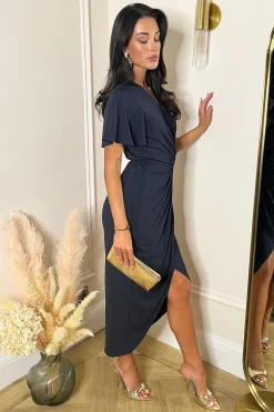 Navy Short Sleeve Ring Detail Wrap Midi Dress