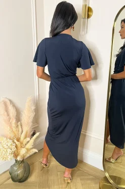 Navy Short Sleeve Ring Detail Wrap Midi Dress