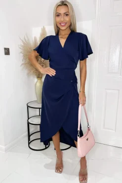 Navy Short Sleeve V Neck Gold Buckle Wrap Midi Dress