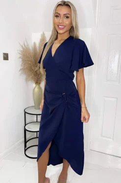 Navy Short Sleeve V Neck Gold Buckle Wrap Midi Dress