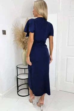 Navy Short Sleeve V Neck Gold Buckle Wrap Midi Dress