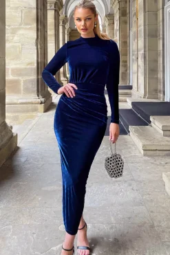 Navy Velvet Long Sleeve Split Skirt Midi Dress