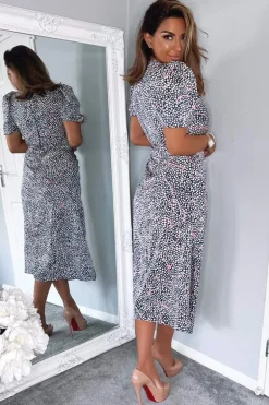 Navy White And Pink Printed Ruched Side Midi Dress