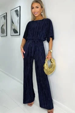 Navy Wide Sleeve Tie Waist Plisse Jumpsuit