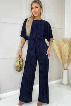 Navy Wide Sleeve Tie Waist Plisse Jumpsuit