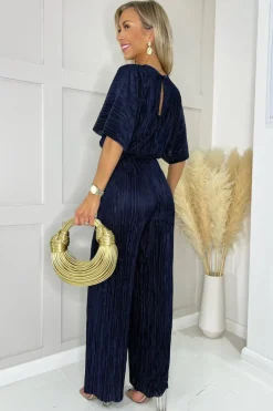 Navy Wide Sleeve Tie Waist Plisse Jumpsuit