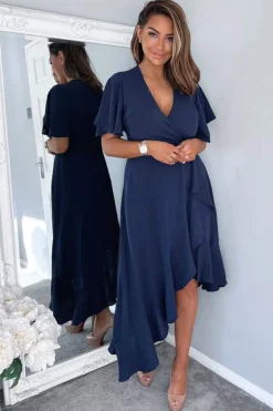 Navy Wrap Over Top Frill Hem Midi Dress