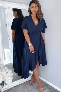 Navy Wrap Over Top Frill Hem Midi Dress